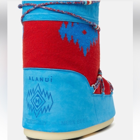 NEW ALANUI X MOON BOOT Icon Knit Jacquard Red Azure Wool Boots Size 8-9.5 - Picture 7 of 16